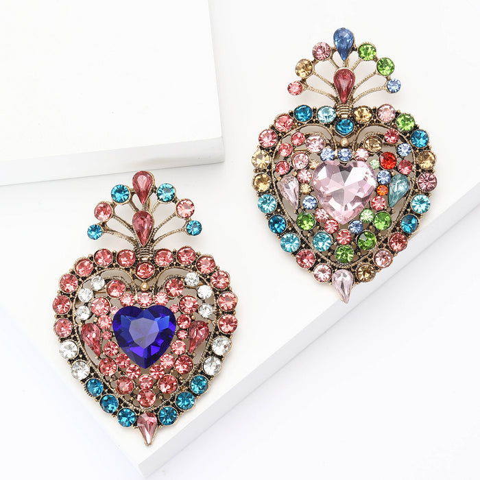 Antique Gold Heart Brooch Rhinestone Frame Pink or Blue Center