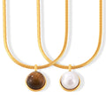 Gold Snake Chain Necklace Round Bezel Pendant Tiger Eye Or Pearl view 5