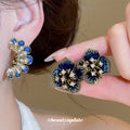 Blue Enamel Flower And Fan Shape Crystal Accent Earrings view 2