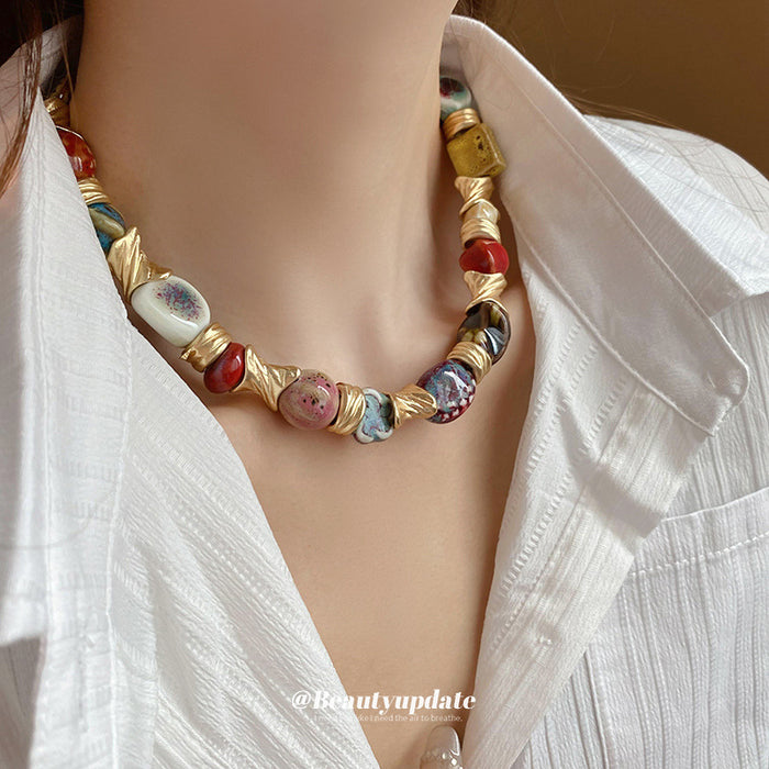 Gold Wrapped Multicolor Ceramic Bead Chunky Collar Necklace