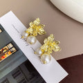 Gold Flower and Pearl Look Ball Jacket Stud Earrings view 2