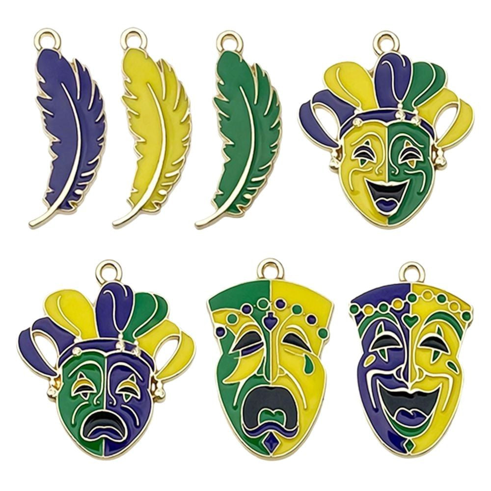 Enamel Zinc Alloy Smiley Mask Mardi Gras Feather charm pendants for DIY keychain jewelry