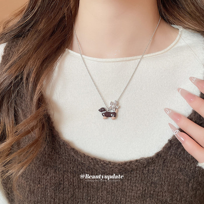 Dachshund and Flower Charm Silver Tone Chain Necklace