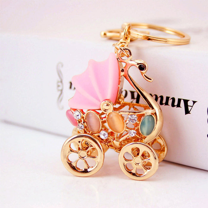 Rhinestone Swan Baby Stroller Keychain, Cute Bag Charm for Car Keys