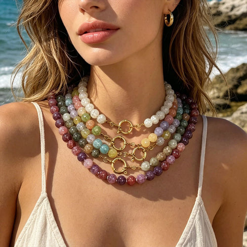 Front display of the pictured round bead necklaces and its visible color details