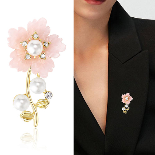 Pink pearl flower brooch product shot and worn on black blazer