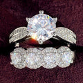 Silver Tone Round Stone and Floral Cluster Ring Set view 3
