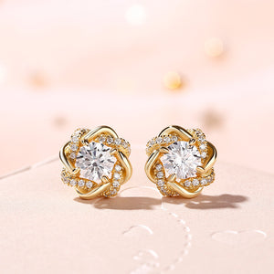 Floral Swirl Clear Stone Stud Earrings In Polished Gold Tone