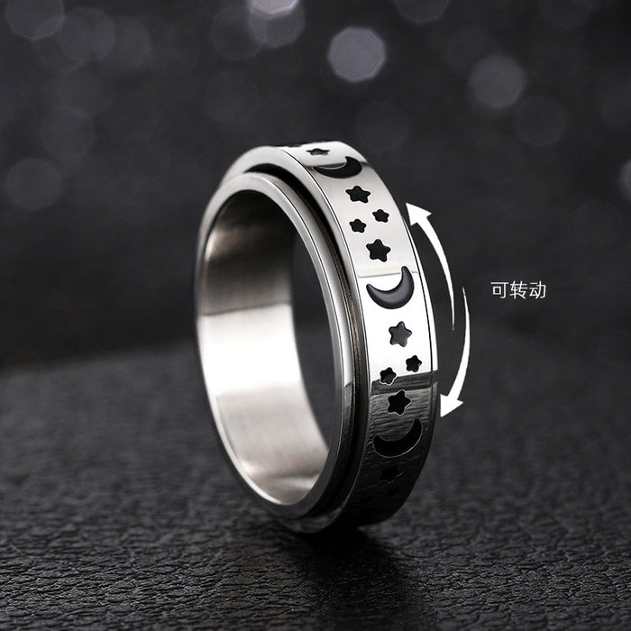 Steel Star Moon Spinner Ring Black Motifs Sizes 6-13
