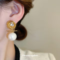 Gold Round Crystal Stud Earrings with White Pearl Drops view 3