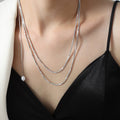 Silver Double-Layer Snake Chain Long Pearl Drop Necklace view 4