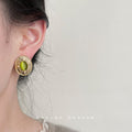 Gold Oval Green Cats-Eye Cabochon Pearl Stud Earrings view 2