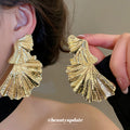 Gold Textured Folded Fan Statement Stud Earrings With Ridges view 1