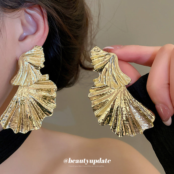 Gold Textured Folded Fan Statement Stud Earrings With Ridges