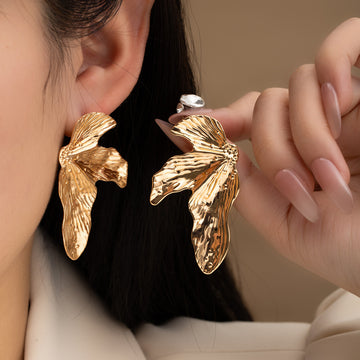 Gold and Silver Textured Three Leaf Statement Stud Earrings