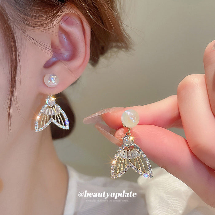 Gold-Tone Faux Pearl and Cubic Zirconia Mermaid Tail Earrings