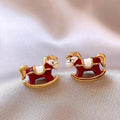 Red Enamel Rocking Horse Stud Earrings in Gold Tone Metal view 3