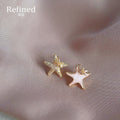 Gold Asymmetric White Enamel Pave Crystal Starfish Stud Earrings view 1