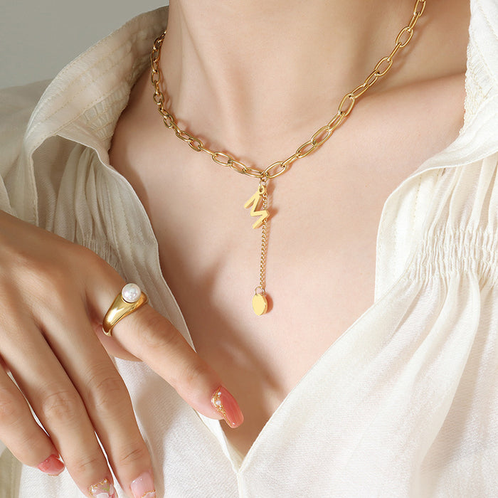 Gold Letter M Paperclip Chain Necklace Round Disc Tassel