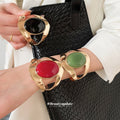 Gold Wide Open Cuff Bangles Oval Stone Three Colors view 1