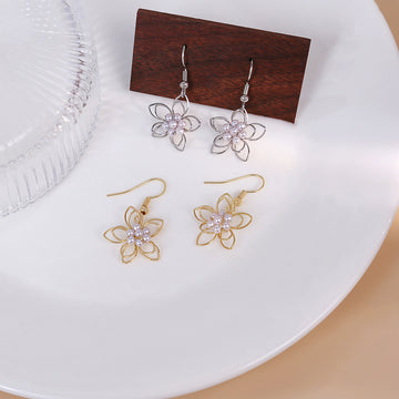 Gold Tone Open Double Flower Pearl Look Hook Earrings
