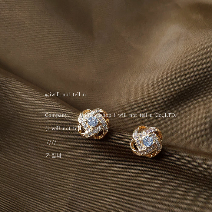Gold Tone Rope Knot Flower Frame Clear Stone Stud Earrings