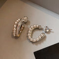 Gold Tone Double Row Pearl Hoop Stud Earrings Fashion Jewelry view 4