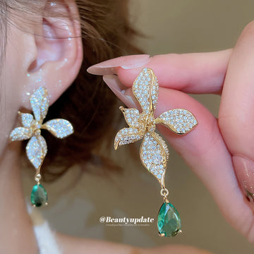 Green Teardrop Crystal Leaf Flower Stud Earrings Jewelry Accessory