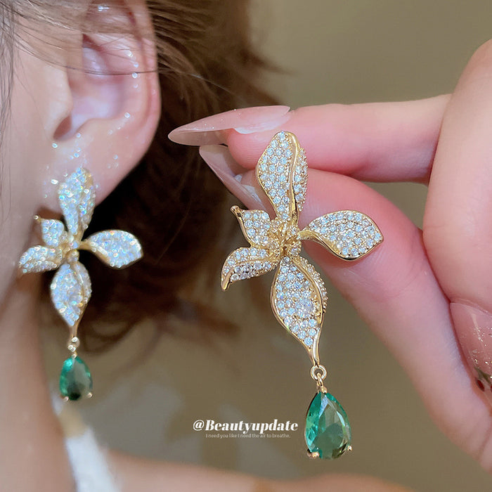 Green Teardrop Crystal Leaf Flower Stud Earrings Jewelry Accessory
