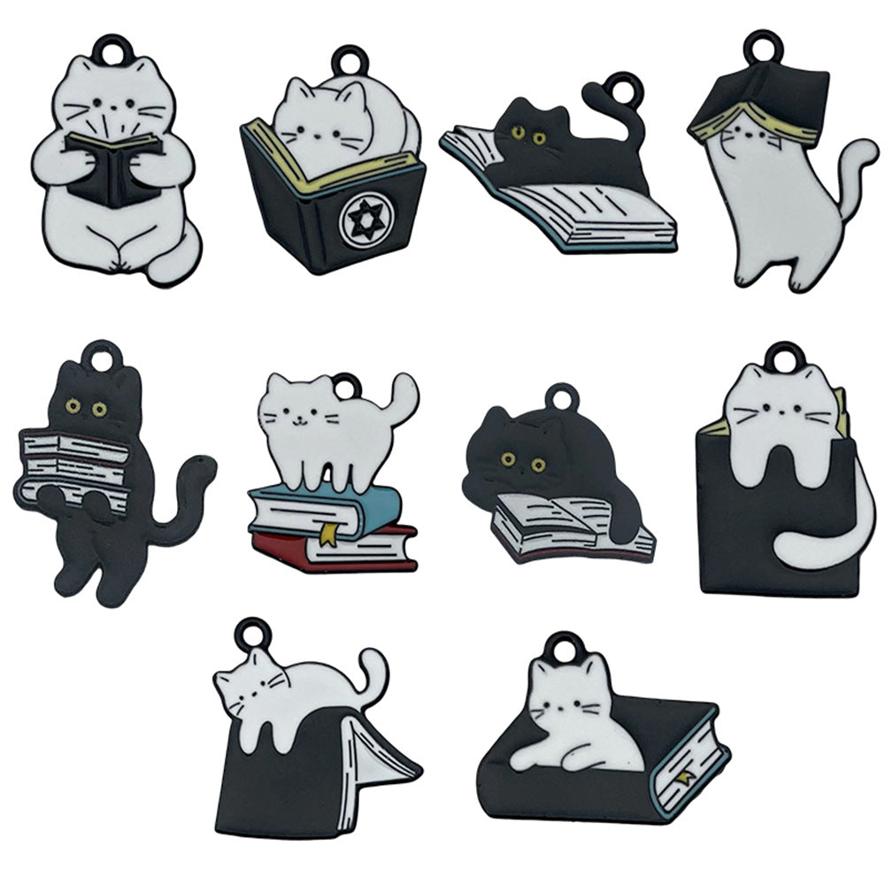 Black White Enamel Zinc Alloy Reading Cat Charm Pendant for DIY Necklace Earring Bracelet