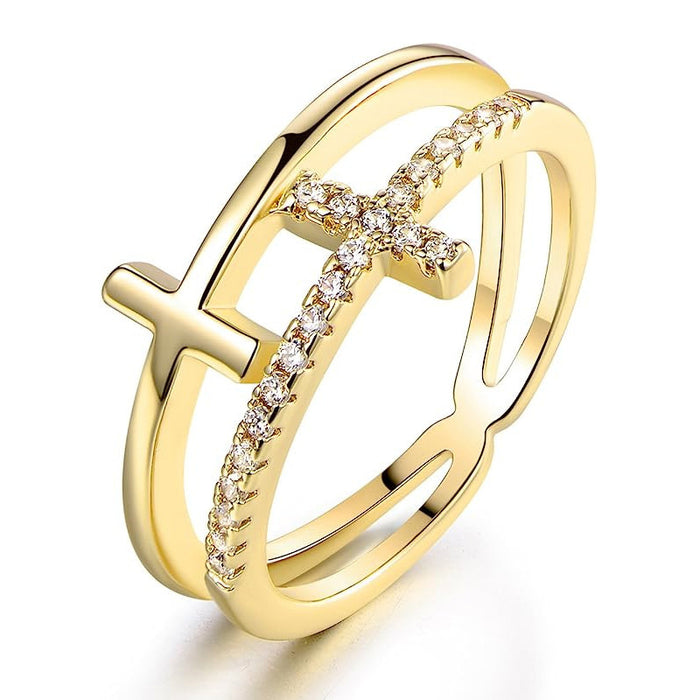 Double Band Open T-Bar Pave Crystal Ring Two Tones Sizes 6-10