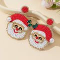 Beaded Santa Claus Face Drop Earrings Red White Gold Tone view 1