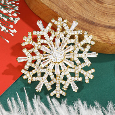 layered crystal snowflake brooch with radiating baguette stones worn on a blazer lapel.