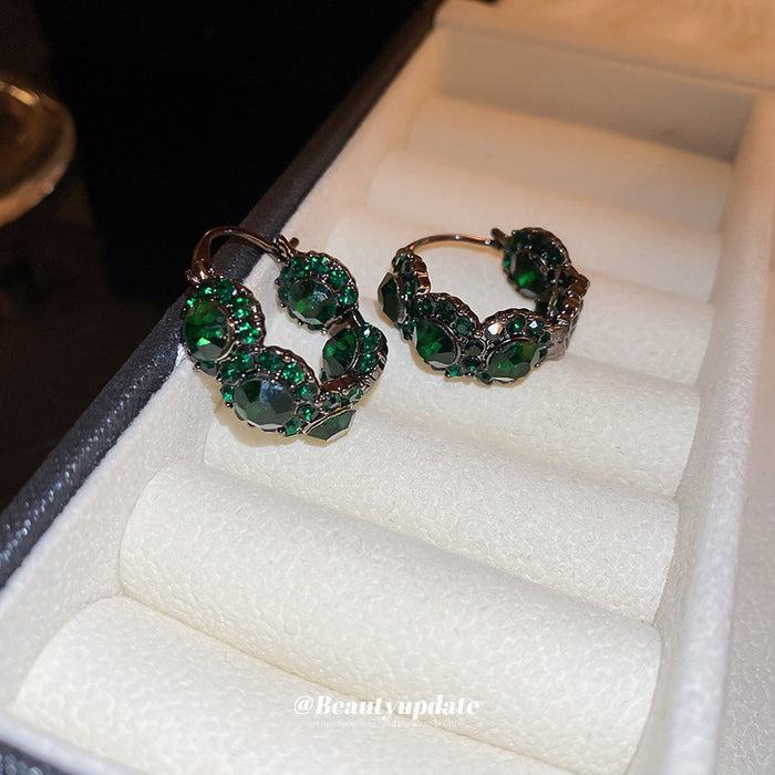 Dark Metal Green Crystal Cluster Huggie Earrings Decorative Jewelry