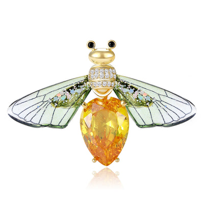 Yellow body crystal bee brooch with green transparent wings