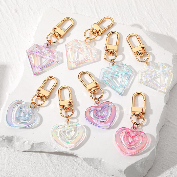 Gold Tone Iridescent Acrylic Heart and Gem Clip Keychains