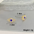 Gold Evil Eye Stud Earrings Blue Center Clear Crystal Halo view 3
