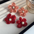 Satin Look Flower Pearl Cluster Statement Stud Earrings view 2