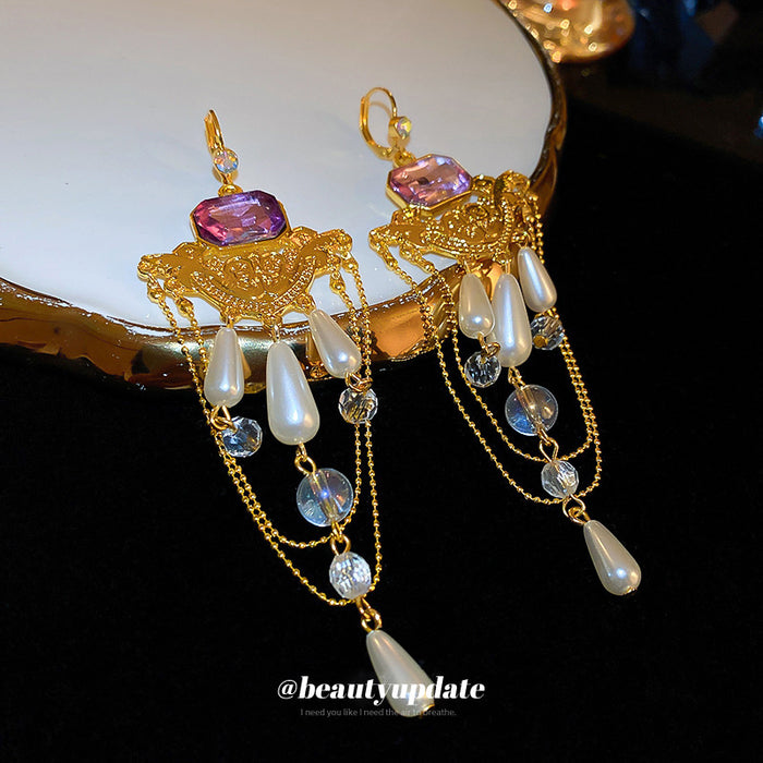 Purple Crystal Pearl Chain Chandelier Earrings in Gold Tone