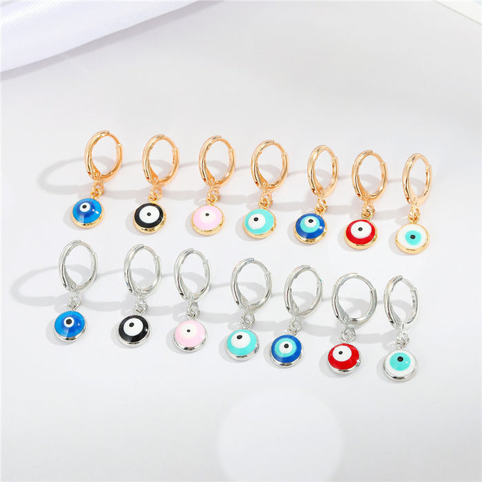 Round Evil Eye Huggie Drop Earrings in Fourteen Color Finishes