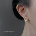 Gold Tone Pink Flower Green Leaf And Pearl Wreath Stud Earrings view 2