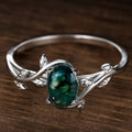 Silver Vine Leaf Oval Green Cabochon Fashion Ring Band view 1