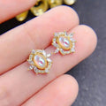Gold Tone Oval Moonstone Marquise Halo CZ Stud Earrings view 3