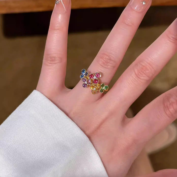 Gold Multicolor Crystal Flower Cluster Open Ring Style