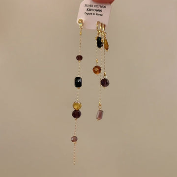 Asymmetric Black and Amber Beaded Gold Tone Drop Earrings