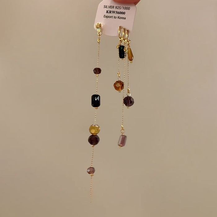 Asymmetric Black and Amber Beaded Gold Tone Drop Earrings