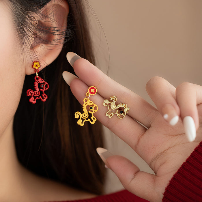 Four Red Gold and Silver Rocking Horse Stud and Dangle Earrings
