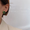Green Enamel Woven Lattice Round Stud Earrings Gold view 4