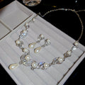 Silver Pearl Teardrop Necklace Earrings Rhinestone Leaf Set view 6