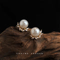 Gold White Pearl Stud Earrings Clear Marquise CZ Leaf view 3